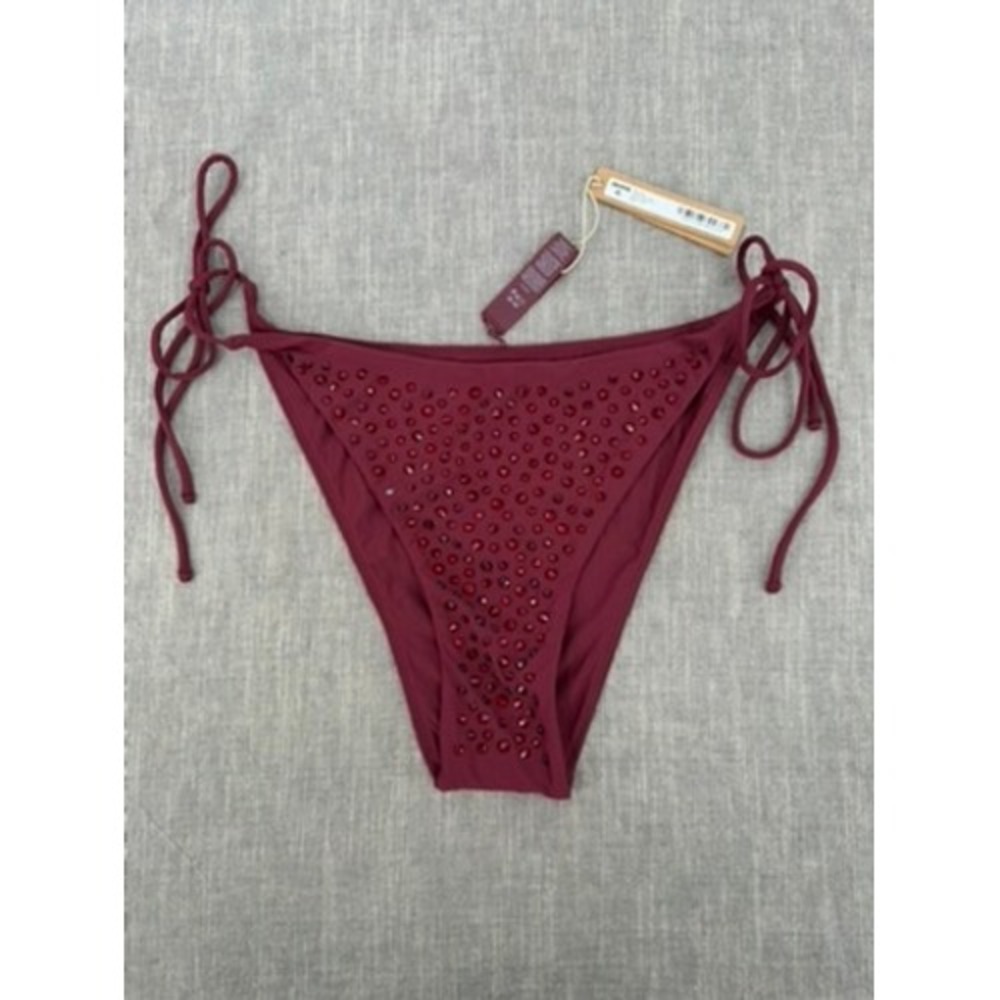 SKIMS Bikini Bar Tie Bikini Bottom Wine Red Rhinestone Embellished Size L